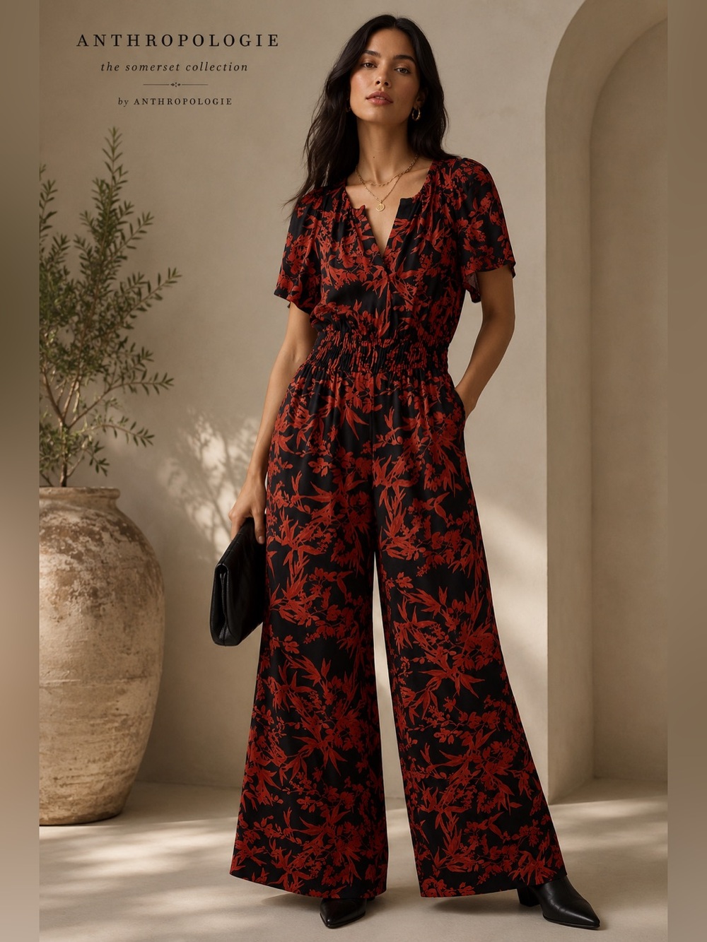Anthropologie Somerset Jumpsuit XS Black Red Floral Wide Leg Vacation Resort C7